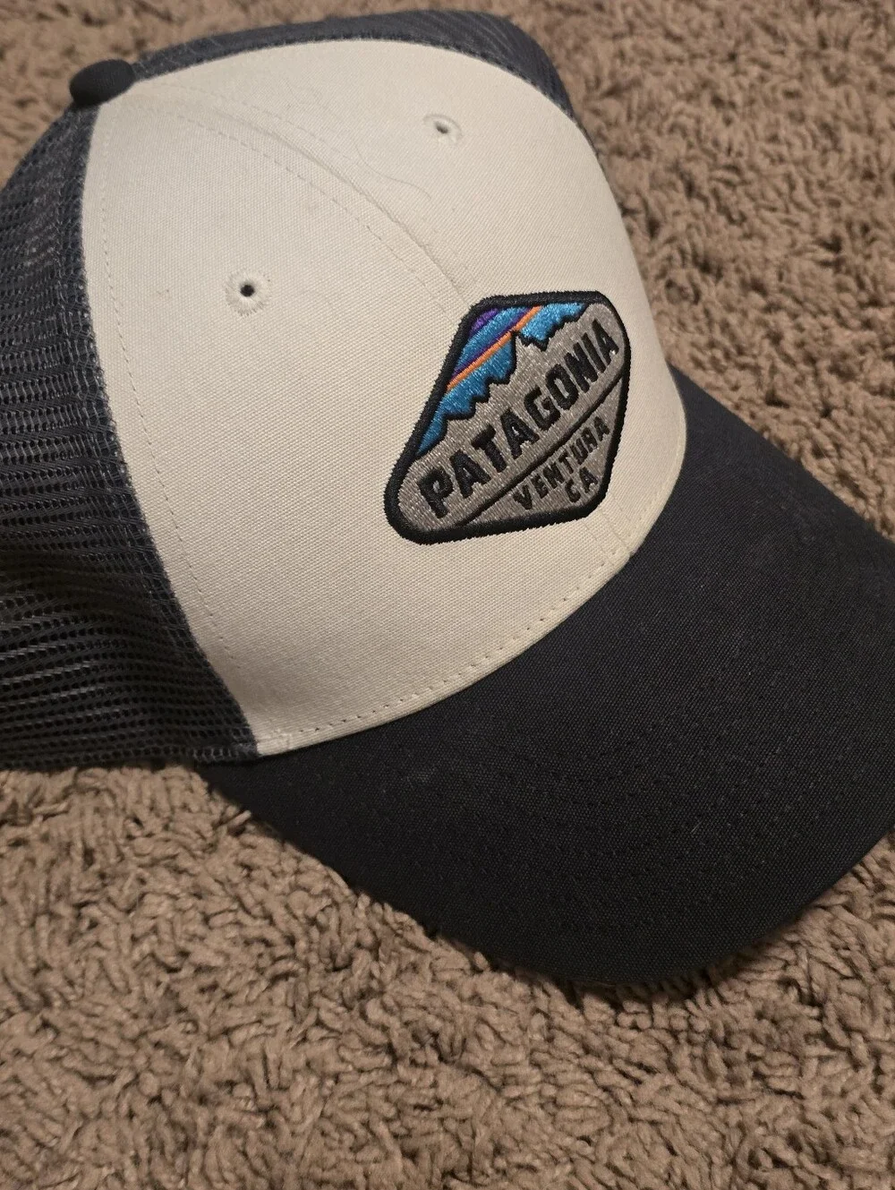 Patagonia Ventura CA Fitz Roy Crest LoPro Trucker Hat Snapback Cap Cream Blue